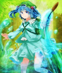 Rule 34 | 1girl, backpack, bad id, bad pixiv id, bag, blue eyes, blue hair, boots, cattail, female focus, hair bobbles, hair ornament, hat, kawashiro nitori, key, matching hair/eyes, nature, onyuuuu, outdoors, plant, randoseru, short hair, skirt, smile, solo, touhou, twintails, two side up, wading, water