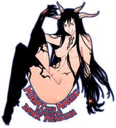 Rule 34 | 1girl, black hair, breasts, censored, claws, completely nude, convenient censoring, dark messiah, demon, demon girl, english text, g-room honten, hair over breasts, horns, long hair, medium breasts, might and magic, monster girl, navel, nipples, no bra, no headwear, no panties, no pants, no shoes, nude, red eyes, smile, solo, tagme, tattoo, thighhighs, xana (dark messiah)