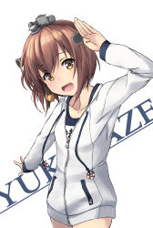 Rule 34 | 1girl, black one-piece swimsuit, brown eyes, brown hair, character name, commentary request, cowboy shot, drawstring, headgear, headset, highres, hood, hooded jacket, hoodie, jacket, kantai collection, looking at viewer, minosu, name tag, one-piece swimsuit, open mouth, round teeth, salute, school swimsuit, short hair, simple background, smile, solo, speaking tube headset, standing, swimsuit, teeth, upper teeth only, white background, white jacket, yukikaze (kancolle)