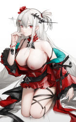 Rule 34 | 1girl, arknights, ascot, bare shoulders, barefoot, black ascot, bracelet, breasts, clothing cutout, collar, detached sleeves, doctor (arknights), dress, expressionless, hair between eyes, hair ornament, highres, jewelry, kneeling, large breasts, long hair, long sleeves, looking at viewer, navel cutout, nipples, red collar, red dress, red eyes, side ponytail, skadi (arknights), skadi the corrupting heart (arknights), solo, white background, white hair, yuuki mix