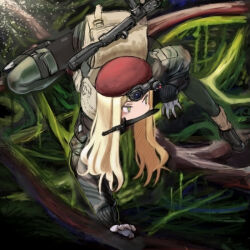 Rule 34 | 1girl, backpack, bag, beret, blonde hair, boots, brown footwear, camouflage, climbing, climbing tree, combat boots, gloves, green eyes, green thighhighs, gun, hat, jacket, knife, knife in mouth, load bearing equipment, long hair, long sleeves, military, military uniform, mouth hold, nature, night vision device, original, red hat, reflex sight, scabbard, sheath, solo, sten gun, submachine gun, suppressor, thighhighs, uniform, weapon, y (khakiyawn)