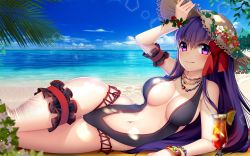Rule 34 | 10s, 1girl, arm garter, arm up, bare shoulders, bb (fate), bb (fate/extra), beach, blurry, bow, bracelet, breasts, bridal garter, brown hat, bush, center opening, cleavage, closed mouth, cloud, cup, day, depth of field, derivative work, drink, drinking glass, eyebrows, fate/extra, fate/extra ccc, fate (series), flower, frills, gem, hair bow, hat, highres, horizon, jewelry, kashi kosugi, large breasts, legs together, lens flare, liquid, long hair, looking at viewer, lying, navel, necklace, ocean, on side, one-piece swimsuit, outdoors, palm tree, plant, purple eyes, purple hair, purple one-piece swimsuit, red bow, red flower, red rose, rose, sand, shore, smile, solo, stomach, straw hat, summer, sunlight, swimsuit, thigh gap, tree, very long hair, water