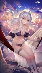 Rule 34 | 1girl, bare shoulders, bikini, blush, breasts, caren hortensia, caren hortensia (amor caren), caren hortensia (angel heart), cleavage, craft essence (fate), fate/grand order, fate (series), long hair, looking at viewer, michiking, navel, official art, smile, solo, swimsuit, thighs, wavy hair, white hair, yellow eyes