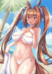 Rule 34 | 1girl, :d, animal ears, bare shoulders, beach, bikini, blue sky, blush, bow, breasts, brown hair, collarbone, daiwa scarlet (umamusume), day, embarrassed, fang, full-face blush, hair bow, hair intakes, highres, holding, holding towel, horse ears, horse girl, horse tail, large breasts, line4x, long hair, ocean, open mouth, outdoors, palm tree, red bow, red eyes, side-tie bikini bottom, sky, smile, solo, swimsuit, tail, tiara, towel, tree, twintails, umamusume, underboob, very long hair, white bikini