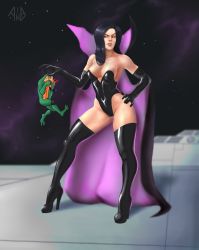 Rule 34 | 1boy, 1girl, arcincub, bare shoulders, barefoot, battletoads, black cape, black footwear, black gloves, black hair, black leotard, blood, blurry, boots, breasts, cape, colored skin, constricted pupils, covered navel, covering privates, covering crotch, covering nose, curvy, dark queen, dark queen (battletoads), depth of field, elbow gloves, unworn eyewear, frog, full body, gloves, green skin, hand on own hip, heels, high heel boots, high heels, highleg, highleg leotard, highres, holding, knee pads, latex, leotard, looking at another, medium breasts, no bra, nosebleed, rash (battletoads), self-upload, size difference, skin tight, space, standing, star (sky), strapless, strapless leotard, sunglasses