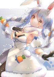 Rule 34 | 1girl, adhesive bra, animal ear fluff, animal ears, armpits, artist name, bare shoulders, black bra, black gloves, black pantyhose, blue hair, blue ribbon, bow, bra, braid, carrot, carrot hair ornament, closed mouth, detached sleeves, don-chan (usada pekora), dot nose, dress, dutch angle, extra ears, floating hair, food-themed hair ornament, fur-trimmed dress, fur-trimmed gloves, fur trim, gloves, hair bow, hair ornament, hand on own chest, highres, hikimayu, hololive, kurataraku, long hair, looking at viewer, multicolored hair, multiple braids, orange eyes, pantyhose, pocket, pom pom (clothes), puffy short sleeves, puffy sleeves, rabbit ears, rabbit girl, rabbit tail, ribbon, short eyebrows, short sleeves, sidelocks, solo, strapless, strapless dress, symbol in eye, tail, twin braids, twintails, two-tone hair, underwear, usada pekora, usada pekora (1st costume), virtual youtuber, white bow, white dress, white hair