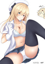 Rule 34 | 2girls, abataa, absurdres, black skirt, black thighhighs, blonde hair, blue eyes, blush, bra, breasts, cleavage, closed mouth, collarbone, dated, english text, gloves, hair between eyes, hat, highres, janus (kancolle), jervis (kancolle), kantai collection, large breasts, long hair, miniskirt, multiple girls, navel, aged up, open clothes, open shirt, panties, pleated skirt, sailor hat, shirt, signature, simple background, skirt, smile, solo focus, thighhighs, underwear, white background, white bra, white gloves, white headwear, white panties, white shirt
