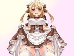 Rule 34 | 1girl, apron, blonde hair, blush, bow, breasts, brown bow, brown skirt, clothes lift, curvy, esoragoto, female focus, garter straps, gloves, hair ribbon, highres, large breasts, long hair, looking at viewer, maid, maid apron, maid headdress, open mouth, original, panties, purple eyes, ribbon, short sleeves, simple background, skirt, skirt lift, smile, solo, thick thighs, thighhighs, thighs, underwear, waist apron, white gloves, white panties, white thighhighs