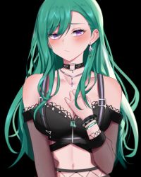 Rule 34 | 1girl, absurdres, arairev, asymmetrical bangs, bare shoulders, black background, black collar, blush, bracelet, breasts, bustier, collar, detached sleeves, earrings, fishnets, green hair, hand over heart, highres, jewelry, large breasts, long hair, looking at viewer, navel, necklace, purple eyes, see-through, simple background, solo, suspenders, swept bangs, upper body, virtual youtuber, vspo!, yakumo beni, yakumo beni (1st costume)