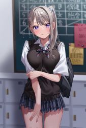 Rule 34 | 1girl, bag, black bag, black sweater vest, blue eyes, blue skirt, blush, breasts, chalkboard, chigusa minori, closed mouth, collared shirt, corrupted twitter file, cowboy shot, grey hair, hair ornament, highres, large breasts, long hair, looking at viewer, miniskirt, pleated skirt, saotome shino (shino to ren), school uniform, shino to ren, shirt, short sleeves, shoulder bag, side ponytail, skirt, solo, sweater vest, thighs, white shirt
