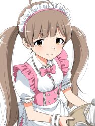 Rule 34 | 1girl, ahoge, apron, blunt bangs, blush, bottle, bow, bowtie, brown hair, butterfly ornament, closed mouth, collar, dot nose, dress, eyelashes, from above, hakozaki serika, highres, holding, holding plate, idolmaster, idolmaster million live!, idolmaster million live! theater days, lace-trimmed apron, lace-trimmed sleeves, lace trim, light smile, long hair, looking at viewer, matcha kingyo, orange eyes, parted bangs, pink bow, pink bowtie, pink dress, pink ribbon, plate, pretty waitress (idolmaster), puffy short sleeves, puffy sleeves, ribbon, short sleeves, sidelocks, simple background, solo, standing, twintails, upper body, very long hair, waist apron, waist bow, waitress, white apron, white background, white collar, white headdress, white wrist cuffs, wrist cuffs