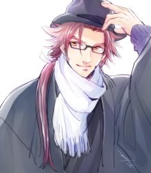 Rule 34 | 10s, 1boy, adjusting clothes, adjusting headwear, bespectacled, coat, contemporary, fedora, glasses, hat, long hair, long sideburns, male focus, masato (oal), ponytail, red hair, scarf, simple background, smile, solo, tonbokiri (touken ranbu), touken ranbu, white background, winter clothes, yellow eyes