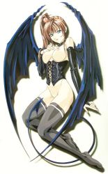 Rule 34 | 00s, 1girl, bible black, black thighhighs, blue eyes, bottomless, breast suppress, breasts, brown hair, collar, corruption, corset, demon tail, demon wings, gloves, hair bobbles, hair ornament, imari kurumi, long hair, lowres, nipples, open mouth, side ponytail, solo, tail, thighhighs, wings