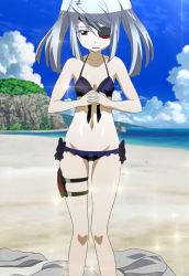 Rule 34 | 10s, 1girl, absurdres, beach, bikini, blush, breasts, cleavage, day, eyepatch, frilled bikini, frills, front-tie top, grey hair, highres, infinite stratos, laura bodewig, lens flare, lowleg, navel, screencap, small breasts, solo, stitched, swimsuit, thigh strap, third-party edit, twintails