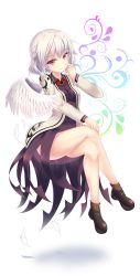 Rule 34 | 1girl, ass, bare legs, black footwear, bow, bowtie, breasts, brown legwear, collared shirt, crossed legs, dress, ears, eila yagyu, feathered wings, feathers, floating, floral background, full body, grey jacket, hand to own mouth, highres, jacket, kishin sagume, knees, long sleeves, looking at viewer, medium breasts, orange eyes, parted lips, print jacket, print shirt, purple dress, red bow, red bowtie, shadow, shirt, shoes, short dress, short hair, silver hair, single wing, sitting, socks, solo, thighs, touhou, white background, white wings, wings