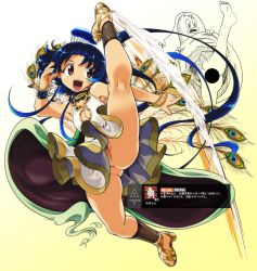 Rule 34 | 1girl, :d, arknights, blue hair, bracelet, breasts, cleavage, conviction (arknights), dress, fighting stance, gold trim, gradient background, high heels, high kick, highres, jewelry, jumping, kicking, legs, no panties, open mouth, peacock feathers, red eyes, sandals, screenshot inset, short hair with long locks, sleeveless, sleeveless dress, small breasts, smile, takura mahiro, tareme, teeth, toes, upper teeth only, white background, white dress, yellow background
