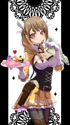 Rule 34 | 1girl, black corset, braid, braided ponytail, breasts, brown eyes, brown hair, cleavage, corset, cupcake, finger to mouth, fire emblem, fire emblem engage, flower, food, garter straps, gloves, goldmary (fire emblem), hair over shoulder, hair ribbon, hair tie, heart, highres, holding, holding plate, large breasts, looking at viewer, low-braided long hair, low-tied long hair, medium hair, mu tu bu, nintendo, pantyhose, pink flower, pink rose, plate, pleated skirt, ribbon, rose, skirt, smile, solo, sweets, thighhighs, white gloves