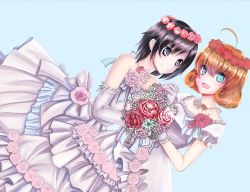 Rule 34 | 2girls, ahoge, artist request, black hair, blue eyes, bouquet, commentary request, detached sleeves, dress, flower, hair flower, hair ornament, multiple girls, orange hair, penny polendina, rose, ruby rose, rwby, sleeveless, sleeveless dress, wedding dress, white dress, wife and wife, yuri