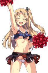 Rule 34 | 1girl, arm up, armpits, azur lane, black skirt, blonde hair, blue shirt, breasts, character name, cheering, cheerleader, cleveland (azur lane), clothes writing, collarbone, commentary request, cowboy shot, crop top, crop top overhang, closed eyes, highres, holding, holding pom poms, macaroni hourensou, medium breasts, midriff, miniskirt, navel, one side up, open mouth, panties, pantyshot, pleated skirt, pom pom (cheerleading), shirt, simple background, skirt, sleeveless, sleeveless shirt, smile, solo, standing, sweat, underboob, underwear, white background, white panties