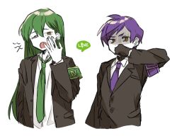 Rule 34 | 2boys, aask, black gloves, black jacket, collared shirt, disgust, gloves, green hair, green necktie, hand up, highres, jacket, lobotomy corporation, long hair, looking at viewer, multiple boys, necktie, netzach (project moon), open mouth, project moon, purple hair, purple necktie, shirt, simple background, upper body, very long hair, white background, white shirt, wing collar, yawning, yellow eyes, yesod (project moon)