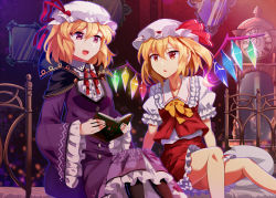 Rule 34 | 2girls, :d, :o, adapted costume, agatha christie (author), bed, black legwear, blonde hair, blush, bow, brooch, cape, coat, dress, e.o., embellished costume, english text, flandre scarlet, frilled shirt, frilled shirt collar, frills, hat, high collar, jewelry, maribel hearn, miniskirt, mirror, mob cap, multiple girls, open mouth, pantyhose, pillow, purple eyes, reading, red eyes, shirt, short hair, side-by-side, sitting, skirt, smile, ten little indians, touhou, trait connection, wings
