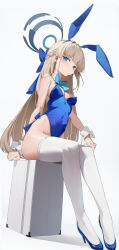 Rule 34 | 1girl, absurdres, animal ears, bare shoulders, berserker r, blonde hair, blue archive, blue bow, blue eyes, blue hairband, blue leotard, bow, bowtie, braid, breasts, briefcase, detached collar, fake animal ears, full body, hairband, high heels, highleg, highleg leotard, highres, leotard, long hair, medium breasts, official alternate costume, official alternate hairstyle, playboy bunny, rabbit ears, sitting, solo, thighhighs, thighs, toki (blue archive), toki (bunny) (blue archive), very long hair, white thighhighs, wrist cuffs