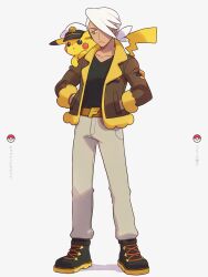 Rule 34 | 1boy, belt, belt buckle, black footwear, black shirt, boots, brown belt, brown jacket, buckle, captain pikachu, closed mouth, clothed pokemon, commentary request, creatures (company), friede (pokemon), frown, game freak, gen 1 pokemon, hands in pockets, hat, highres, jacket, looking down, male focus, mayuzumi, nintendo, open clothes, open jacket, pants, pikachu, poke ball symbol, pokemon, pokemon (anime), pokemon (creature), pokemon horizons, pokemon horizons, shirt, simple background, white background, white hair, white headwear, yellow eyes