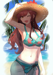 Rule 34 | 1girl, absurdres, armpits, beach, bikini, blue bikini, blue sarong, blue sky, blush, breasts, brown hat, cleavage, cloud, collarbone, day, earrings, floral print, flower, hand on headwear, hat, hat flower, highres, idolmaster, idolmaster shiny colors, jewelry, long hair, looking at viewer, marishiten (mar1sh110), medium breasts, navel, ocean, one eye closed, open mouth, osaki amana, outdoors, palm tree, red hair, sand, sarong, see-through sarong, sky, smile, solo, standing, straw hat, summer, sun hat, swept bangs, swimsuit, tree, water, yellow eyes