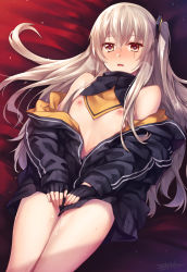 Rule 34 | 1girl, bandana, bare shoulders, black gloves, black jacket, black neckwear, blush, brown eyes, crossed bangs, fingerless gloves, flat chest, girls&#039; frontline, gloves, grey hair, highres, hood, hooded jacket, jacket, long hair, long sleeves, looking at viewer, lying, nipples, off shoulder, on back, one side up, open clothes, open jacket, open mouth, scar, scar across eye, scar on face, solo, thighs, tsuki tokage, ump45 (girls&#039; frontline), yellow bandana, yellow neckwear