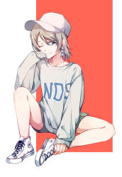 Rule 34 | 1girl, ;), absurdres, baseball cap, blue eyes, casual, clothes writing, earrings, gemi 25, grey hair, grey hat, grey shirt, hand to own mouth, hat, high tops, highres, jewelry, love live!, love live! sunshine!!, one eye closed, shirt, shoes, short hair, shorts, sitting, sleeves past wrists, smile, sneakers, solo, spread legs, sweater, watanabe you, white footwear