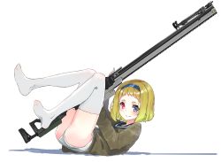 Rule 34 | 1girl, bipod, blonde hair, blue eyes, blush, closed mouth, feet, from side, gun, hairband, heterochromia, highres, holding, holding gun, holding weapon, long sleeves, looking at viewer, lying, no shoes, on back, oota youjo, original, red eyes, rifle, sailor collar, shadow, short hair, simple background, smile, solo, thighhighs, weapon, white background, white thighhighs
