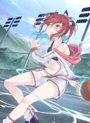 Rule 34 | 1girl, absurdres, animal ears, arm behind back, ball, basketball, basketball (object), basketball court, bird, blue sky, bra, closed mouth, cloud, commentary, fence, floating hair, fox ears, hair ornament, hairpin, highres, jacket, looking away, mountain, multicolored hair, navel, open clothes, open jacket, original, outdoors, ponytail, purple eyes, red hair, rukaniru, running, shoes, shorts, sidelocks, sky, socks, sports bra, sportswear, stomach, streaked hair, sweat, tongue, tongue out, underwear
