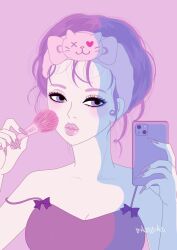 Rule 34 | 1girl, babycat555, bare shoulders, hairband, holding, holding phone, looking at viewer, applying manicure, messy hair, original, parted lips, phone, purple background, purple eyes, purple theme, selfie, signature, simple background, solo, spaghetti strap, tank top