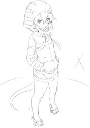 Rule 34 | 10s, 1girl, bow, commentary, geta, greyscale, hair between eyes, hands in pockets, highres, hood, hood up, hoodie, kemono friends, long sleeves, monochrome, niwatazumi, shorts, sketch, snake tail, solo, standing, tail, tsuchinoko (kemono friends), white background