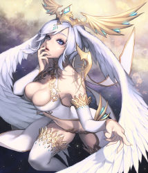 Rule 34 | 1girl, bare shoulders, breasts, card (medium), chaos online, cleavage, cleavage cutout, clothing cutout, detached sleeves, female focus, fingernails, hand to own mouth, head wings, headpiece, large breasts, leg up, light purple hair, lips, long fingernails, love cacao, official art, parted lips, purple eyes, rozamia, short hair, solo, source request, thighhighs, white thighhighs, wings