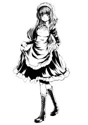 Rule 34 | 1girl, boots, clothes lift, cross-laced footwear, dress, frilled dress, frills, full body, greyscale, highres, knee boots, lace-up boots, long hair, long sleeves, looking at viewer, maid, maid headdress, medium dress, monochrome, original, realmbw, simple background, skirt, skirt hold, skirt lift, smile, solo, standing, white background