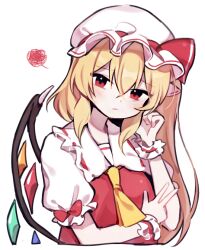 Rule 34 | 1girl, ascot, crystal wings, dress, flandre scarlet, frilled dress, frills, hat, hat ribbon, red eyes, red ribbon, ribbon, scribble, simple background, solo, soooooook2, touhou, upper body, white background, white mob cap, wrist cuffs, yellow ascot