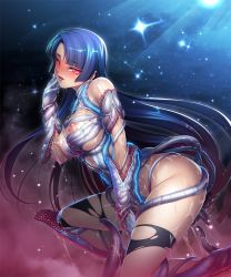 Rule 34 | 00s, 1girl, ass, bare shoulders, between legs, biosuit, black legwear, blue hair, bodysuit, boots, breast press, breasts, creature, female focus, glowing, glowing eyes, hand between legs, highres, kagami hirotaka, large breasts, legs, lilith-soft, living armor, living clothes, long hair, looking at viewer, naughty face, night, nipples, no bra, open mouth, red eyes, saliva, shiny skin, smile, solo, sweat, taimanin (series), taimanin asagi, taimanin asagi kessen arena, taimanin murasaki, tentacles, tongue, tongue out, torn clothes, underboob, yatsu murasaki