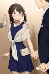 Rule 34 | 1girl, 2boys, bag, blue dress, blush, breast pocket, brown eyes, brown hair, collar, douki-chan (douki-chan), dress, ganbare douki-chan, handbag, highres, holding hands, jacket, jewelry, long sleeves, multiple boys, nail polish, necklace, pantyhose, pearl necklace, petals, pocket, sidelocks, sleeveless, sleeveless dress, suit jacket, surprised, white collar, yomu (sgt epper)
