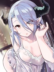Rule 34 | 1girl, adjusting hair, bare shoulders, blue hair, breasts, brown eyes, cleavage, commentary, draph, dress, gown, granblue fantasy, hair between eyes, hair ornament, hair over one eye, highres, hip focus, horns, izmir, large breasts, lingerie, long hair, morning, nino (shira), open mouth, pointy ears, see-through, snowflake hair ornament, solo, underwear, very long hair
