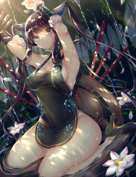 Rule 34 | 1girl, absurdres, armpits, arms up, bare shoulders, black dress, black footwear, blue eyes, blunt bangs, blush, breasts, china dress, chinese clothes, cleavage, closed mouth, detached sleeves, dress, fate/grand order, fate (series), flower, flute, hair ornament, high heels, highres, hitomin (ksws7544), instrument, light rays, long hair, looking at viewer, medium breasts, pipa (instrument), purple hair, ripples, short dress, side slit, sideboob, sidelocks, sitting, smile, solo, thighs, twintails, very long hair, wariza, water, wet, yang guifei (fate), yang guifei (second ascension) (fate)
