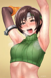 Rule 34 | 1990s (style), 1girl, :d, armlet, armpit focus, armpits, arms up, blush, breasts, breath, brown eyes, brown hair, crop top, final fantasy, final fantasy vii, gloves, headband, heavy breathing, looking at viewer, midriff, open mouth, orange gloves, retro artstyle, sgk, short hair, sleeveless, smile, solo, square enix, sweat, teeth, tongue, turtleneck, yuffie kisaragi