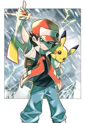 Rule 34 | 1boy, arm up, backpack, badge, bag, baseball cap, black shirt, brown hair, closed mouth, commentary request, creatures (company), game freak, gen 1 pokemon, glint, hair between eyes, hat, highres, holding, holding poke ball, hyou (hyouga617), jacket, nintendo, pants, pikachu, poke ball, pokemon, pokemon (creature), pokemon gsc, pokemon on arm, red (pokemon), shirt, short sleeves, smile, two-tone headwear