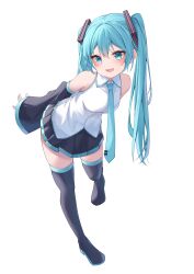 Rule 34 | 1girl, absurdres, blue eyes, blue hair, blush, boots, collared shirt, commentary, detached sleeves, full body, hair ornament, hatsune miku, highres, leaning forward, long hair, long sleeves, nail polish, necktie, open mouth, pleated skirt, ryaru ryaru, shirt, skirt, sleeveless, sleeveless shirt, smile, solo, thigh boots, twintails, vocaloid