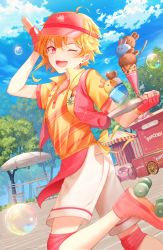 Rule 34 | 1boy, 723/nanahumi, ;d, apple, apron, arm up, blonde hair, blue sky, blush, bubble, chair, cloud, cloudy sky, collared shirt, commentary request, day, double scoop, ensemble stars!, food, fruit, hair between eyes, hat, heart, holding, holding tray, ice cream, knee pads, male focus, nito nazuna, one eye closed, open clothes, open mouth, open vest, outdoors, parasol, pink hat, red apple, red eyes, red vest, roller coaster, shirt, short sleeves, shorts, sky, smile, solo, standing, standing on one leg, table, tray, tree, triple scoop, umbrella, vest, visor cap, waist apron, white shorts, yellow shirt