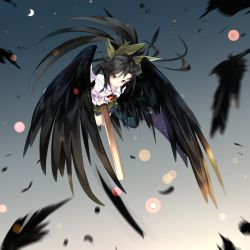 Rule 34 | 1girl, arm cannon, black feathers, black hair, black wings, bow, cape, feathers, full body, gorilla (bun0615), gradient background, green bow, green skirt, hair bow, highres, long hair, looking at viewer, miniskirt, puffy short sleeves, puffy sleeves, red eyes, reiuji utsuho, short sleeves, skirt, solo, touhou, weapon, wings