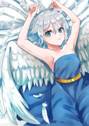 Rule 34 | 1girl, angel wings, armpits, arms up, azuazu 0405, blue dress, blue eyes, dress, feathered wings, feathers, grey hair, hair between eyes, long hair, looking at viewer, lying, original, solo, white background, white wings, wings
