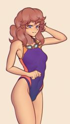 Rule 34 | 1girl, a hat in time, alternate costume, arm up, blue eyes, blush, brown hair, competition swimsuit, covered navel, fujimna, goggles, goggles around neck, hat kid, highres, looking at viewer, aged up, one-piece swimsuit, parted lips, purple sweater, short hair, short ponytail, smile, solo, sweater, swimsuit, wet