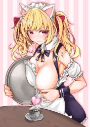 Rule 34 | 1girl, animal ears, apron, armpit peek, black bow, black bowtie, black dress, blonde hair, blush, bow, bowtie, breast milk, breasts, cat ears, closed mouth, cowboy shot, cup, detached collar, dress, fake animal ears, glaring, hair ribbon, highres, kokechan, lactating into container, lactation, large breasts, long hair, looking at viewer, maid headdress, nijisanji, nipple stimulation, nipple tweak, one breast out, pink eyes, ribbon, saucer, solo, table, takamiya rion, takamiya rion (3rd costume), tray, twintails, virtual youtuber, wing collar, wrist cuffs