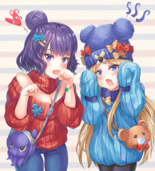 Rule 34 | 2girls, abigail williams (fate), animal bag, animal ears, animal hat, bad anatomy, bag, bangle, bare shoulders, bear ears, bear hat, black legwear, blonde hair, blue eyes, blue hat, blue pants, blue sweater, blush, bow, bracelet, breasts, casual, cleavage, collar, commentary request, cowboy shot, denim, detached collar, fang, fate/grand order, fate (series), hands up, hat, hat bow, head tilt, heart, highres, jeans, jewelry, jiang shennong, katsushika hokusai (fate), long hair, long sleeves, medium breasts, multiple girls, off-shoulder, off-shoulder sweater, off shoulder, open mouth, orange bow, pants, pantyhose, parted bangs, puffy long sleeves, puffy sleeves, purple eyes, purple hair, red bow, red collar, red sweater, shoulder bag, sleeves past fingers, sleeves past wrists, striped, striped background, sweater, tentacles, tokitarou (fate), turtleneck, very long hair